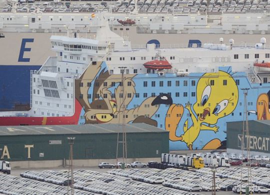 Picture shows a ship, decorated with some 'Looney Toons' characters, moored to the dock of Barcelona's port to house police reinforcements on September 21, 2017.
The Spanish Interior Ministry has chartered three ships to house the police reinforcements to be sent to Catalonia before the referendum on self-determination on October 1, called by its separatist leaders in spite of the prohibition of the Spanish Constitutional Court. / AFP PHOTO / Josep LAGO